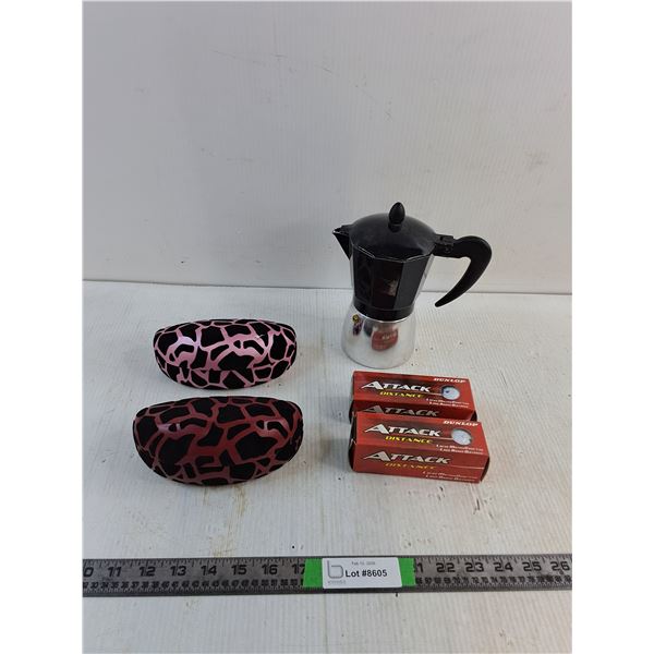 Tea Kettle, (2) Boxes Of Attack Golf Balls, (2) Glasses Case