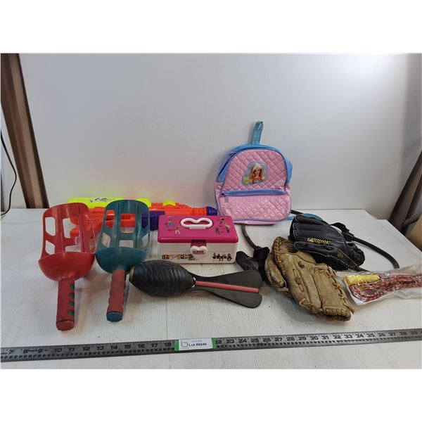 Various Children's Toys- Water Gun, Baseball Gloves, Spice Girls Makeup Container