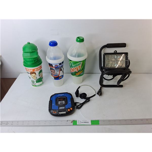 Outdoor Work Light- Powers On, Portable CD Player- As Is & (3) Plastic Beverage Containers