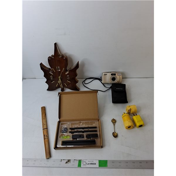 Wooden Wall Clock 10.25", Samsung Film Camera & Case, Queen Elizabeth Souvenir Spoon, Misc.
