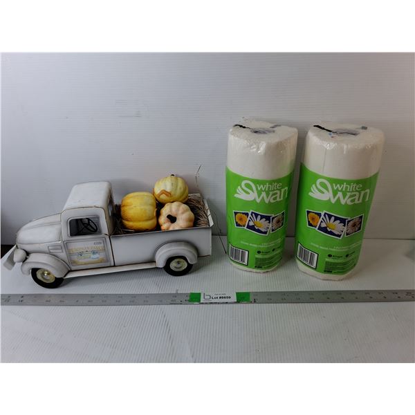 Metal Model Truck 15.5" with Artificial Pumpkins & (2) Rolls of Paper Towel- Sealed