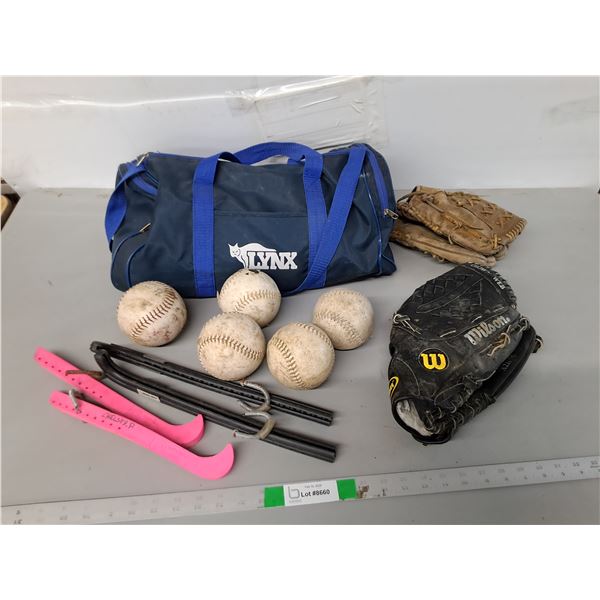(2) Adult Ball Gloves, Softballs, Skateguards, Duffle Bag