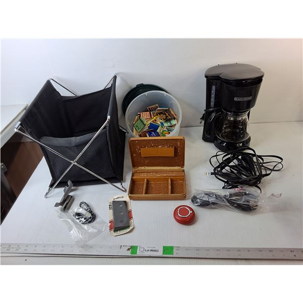 Black & Decker Coffee Maker- Powers On, Fabric Magazine Rack, Matchboxes, Misc - PICK UP