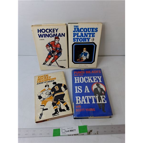 (4) Vintage Hockey Books- Jacques Plante, Hockey is a Battle, Misc.