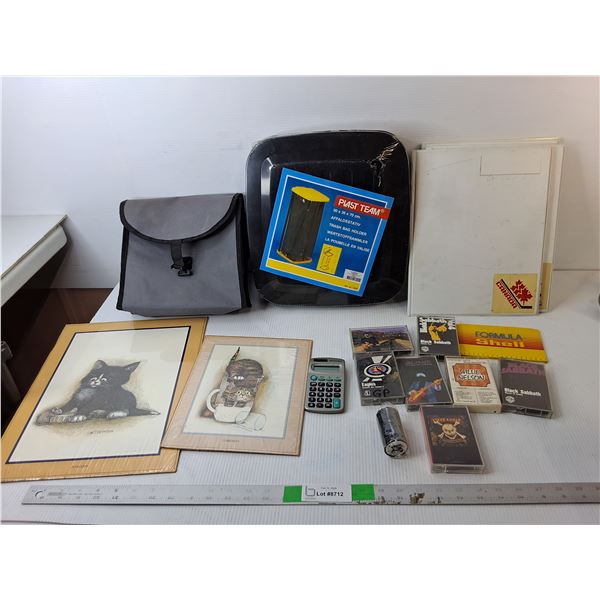 (2) Cat Paintings Up to 14" x 11", Trash Bag Holder, Cassette Tapes, Misc.