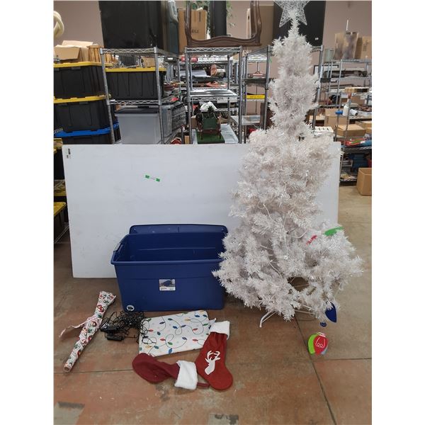 *Artificial Christmas Tree 79", Gift Socks, Gift Wrap, Christmas Tree Lights, Plastic Tote w/Lid