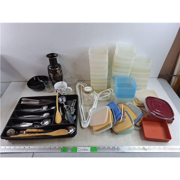 Ceramic Vase, Tupperware Food Containers w/Lids, Cutlery Tray, Ice Cream Scoop, Cutlery, Hangers