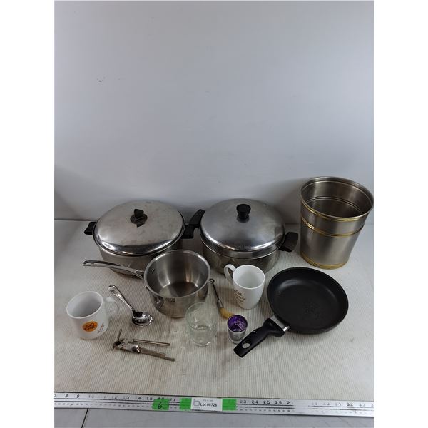 (3) Stock Pots, 8" Frying Pan, Ceramic Mugs, Ice Bucket, Can Opener, Misc