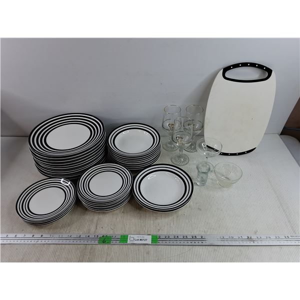 Ceramic Dining Plates 7 -10", Canada Olympics Glass Goblets, Cutting Board 13" x 9", Misc