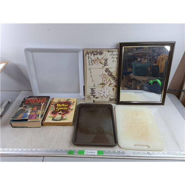 Baking Pan 14" x 10", (2) Books - Bible & Mother Goose, Framed Mirror 18" x 14", Cutting Board, Misc