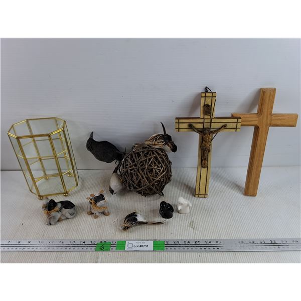 (2) Wall Crucifix, Cow Ornaments, Bird Decor, Salt & Pepper Shakers, Glass Display Case 9" x 5" x 4"