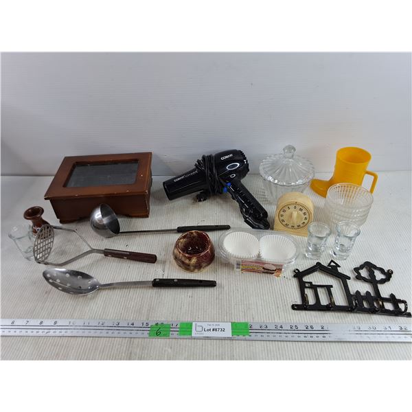 Conair Hair Dryer - Powers On, As Is, Kitchen Timer, Lidded Candy Bowl, Ladle, Potato Masher, Misc