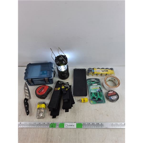 Kitchen Knife, Measuring Tape, LED Lantern, (6) Heavy Duty Batteries, Triple Blade Razors, Misc