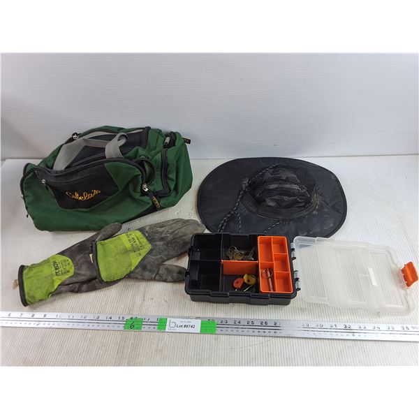 Cabelas Bag 15" x 7" x 9", Work Gloves, Hat, Hardware Organizer 8" x 6" x 2"