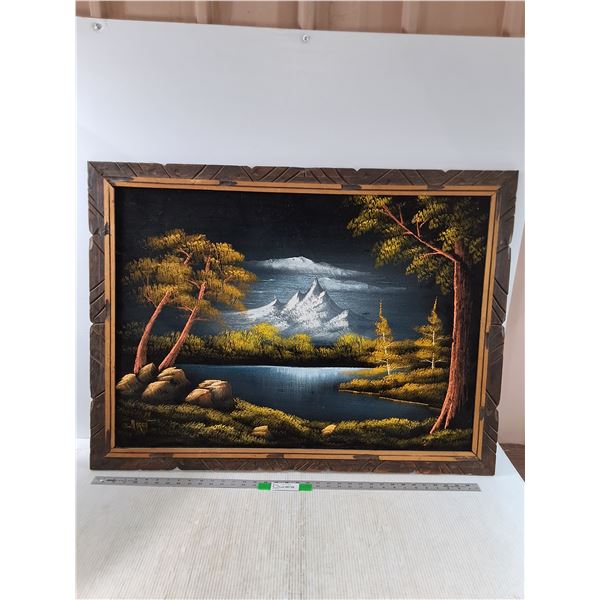 *Vintage MCM Black Velvet Painting of Lakefront Mountain, 39" x 29", Cannot Ship