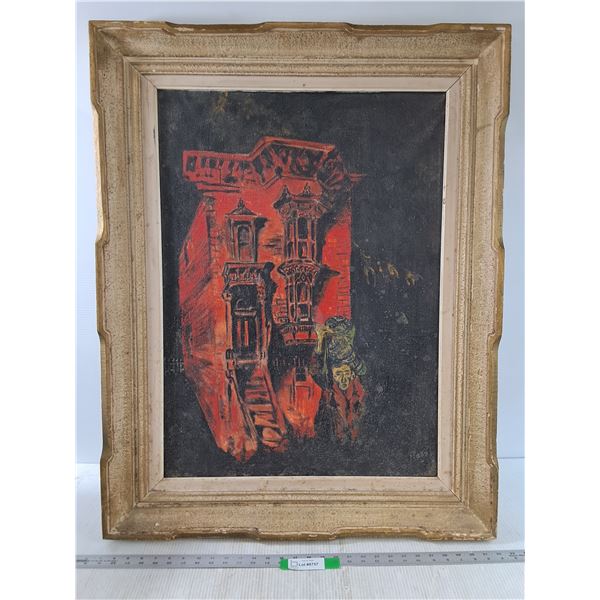 *Vintage Expressionist- Style  Framed Oil Painting Depicting A Red Building at Night, 29.5" x 37.5"