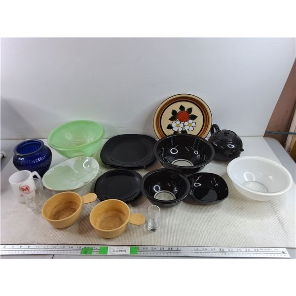 Ceramic Tea Pot, Plastic Strainer, Soup Bowls, Cobalt Glass Vase, Bowls & Plates