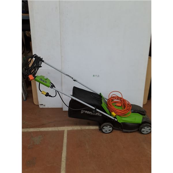 * Greenworks Electric Lawn Mower w/2 Extension Cords & Bag - Tested - Pickup Only