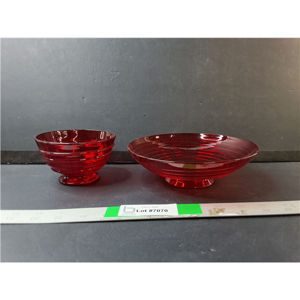 (2) Ruby Red Ribbon Glass Bowls Up to 7.5" Diameter