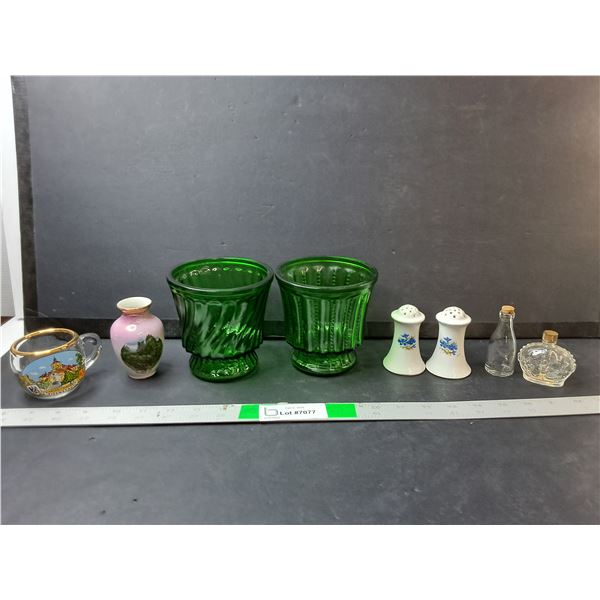 (2) Green Glass Planters 4.5", Ceramic Salt & Pepper Shakers, German Mug, Misc.