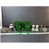 Image 1 : (2) Green Glass Planters 4.5", Ceramic Salt & Pepper Shakers, German Mug, Misc.