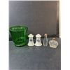 Image 2 : (2) Green Glass Planters 4.5", Ceramic Salt & Pepper Shakers, German Mug, Misc.