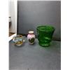 Image 3 : (2) Green Glass Planters 4.5", Ceramic Salt & Pepper Shakers, German Mug, Misc.
