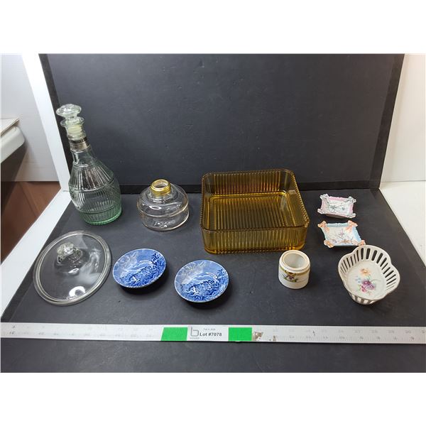 Glass Decanter 10.25", Amber Glass Refrigerator Dish 8.25",  Trinket Dish, Misc.