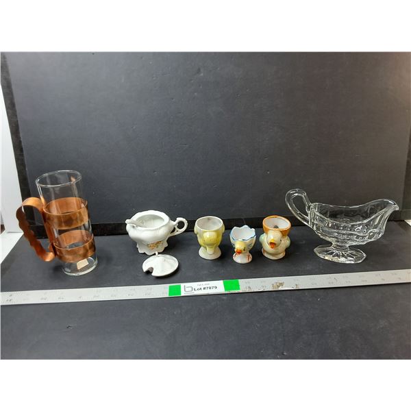 Glass & Copper Glass, Gravy Dish, Egg Cups, Misc.