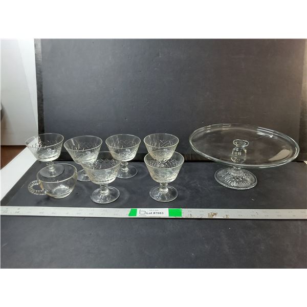 Glass Cake Stand 9.5" Diameter & (7) Glasses