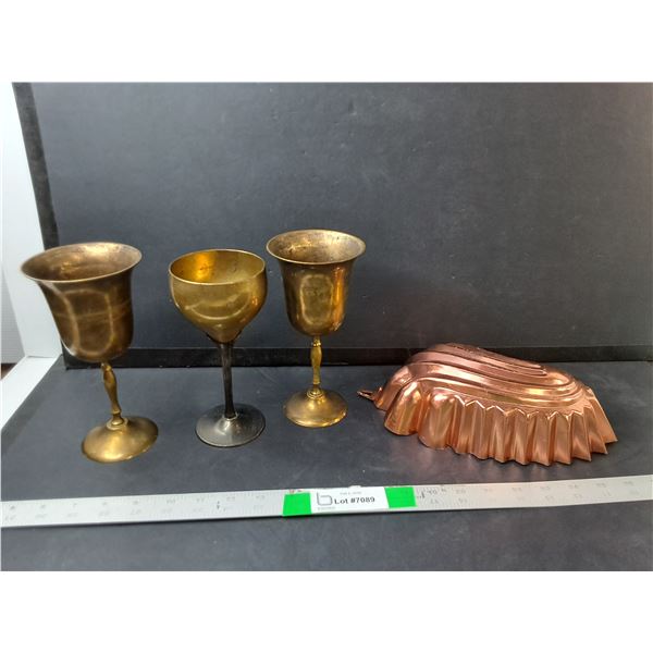 (3) Brass Wine Glasses & Copper Colored Cake Mold