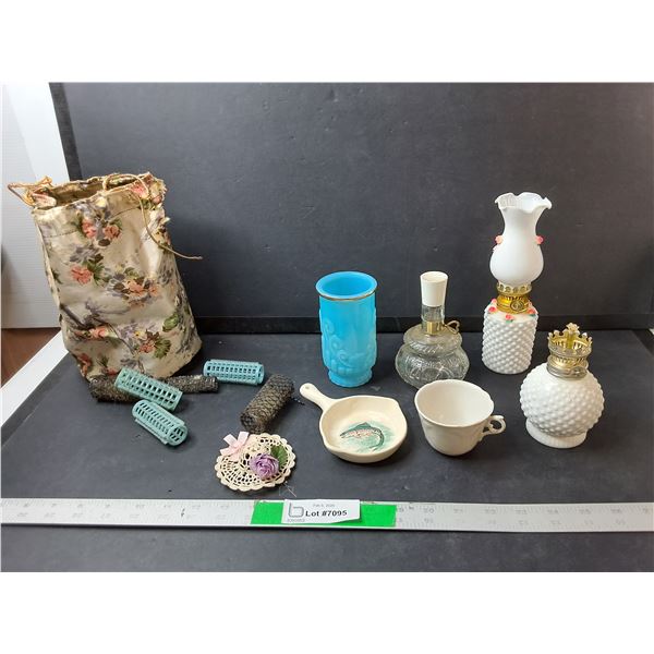 Mini Oil Lamps, Vintage Curlers, Avon Bottles, Misc.