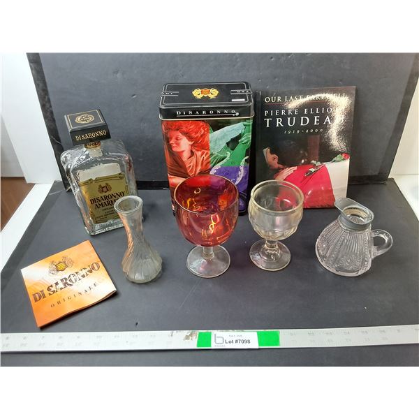 Glass Liquor Bottle, Pierre Trudeau Farewell Book, Wine Glasses, Misc.