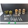 Image 1 : Cutlery, (3) Victorian Girl Figurines 5", Ceramic Creamer & Sugar Bowl