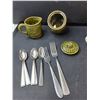 Image 3 : Cutlery, (3) Victorian Girl Figurines 5", Ceramic Creamer & Sugar Bowl