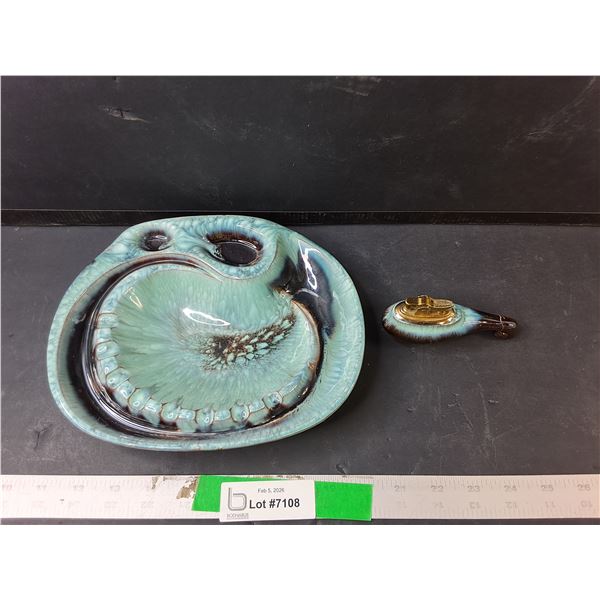 Mid Century Ceramic Ashtray 9.25" x 7.5" & Lighter- PICK UP ONLY