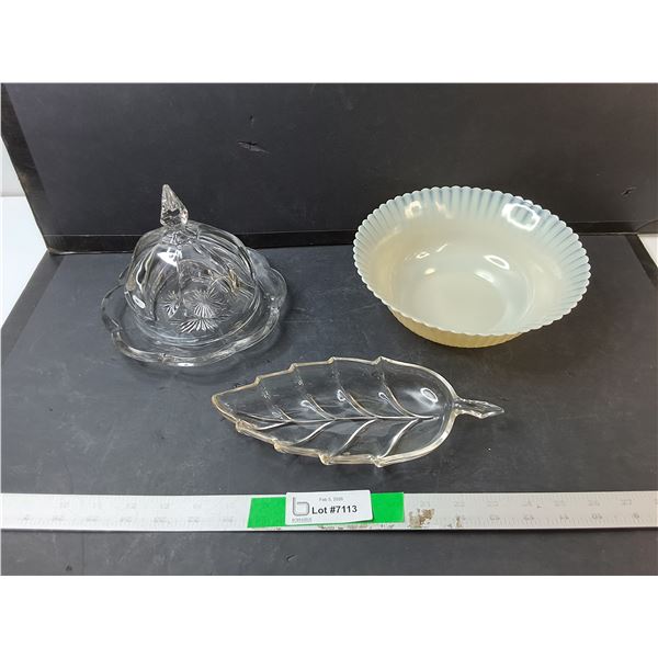 Glass Butter Dish, Ruffled Bowl & Leaf Style Tray 9.75"