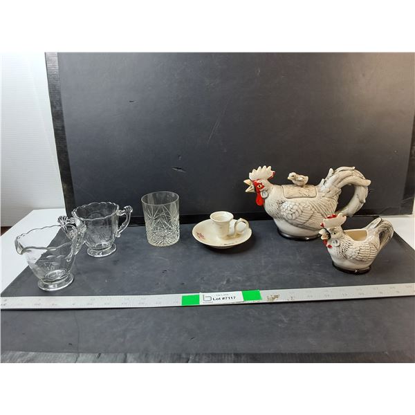 Rooster Style Teapot & Creamer, Handled Candleholder, Crystal Drinking Glass, Misc.