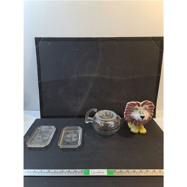 Hubert The Lion Ceramic Piggy Bank, Glass Butter Dishes, Glass Kettle