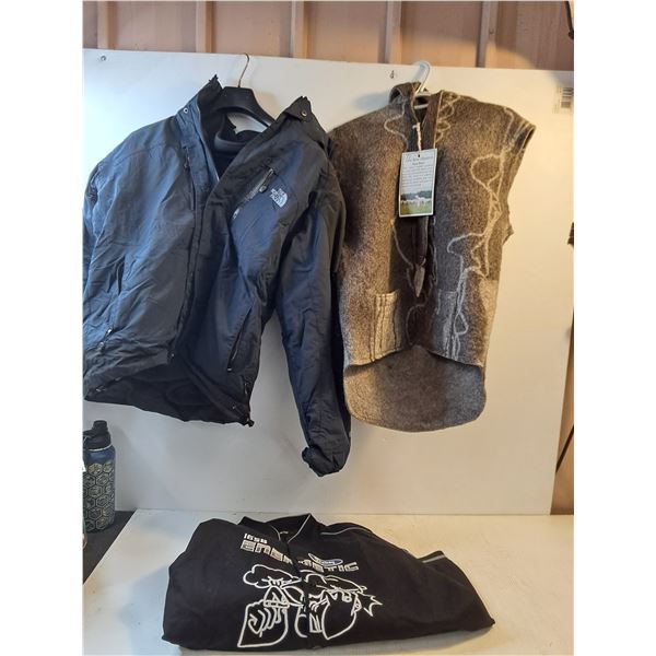 The North Face Winter Jacket Navy, Brown Wool Vest,  Varsity Jacket