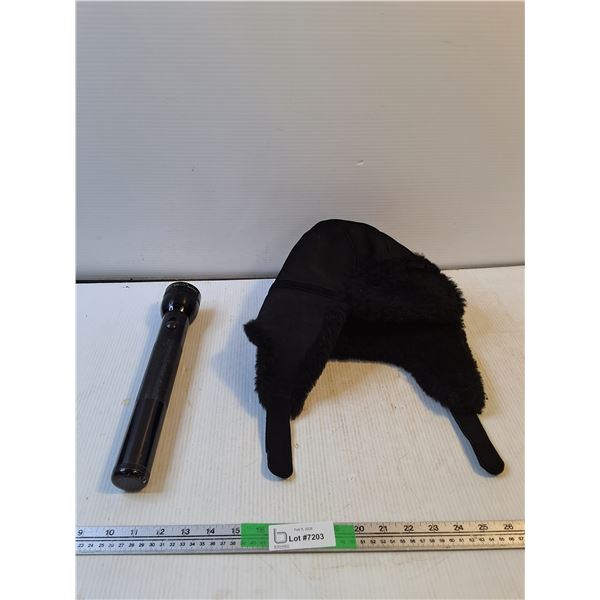 Black Sheep Skin Trapper Hat (M),  LED D-Cell Maglite( as is)