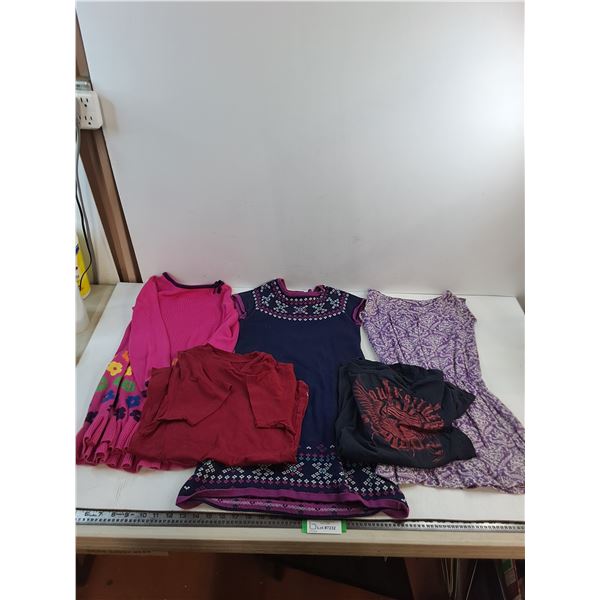 (3) Girl's Dresses Sizes 6-10, (2) T-Shirts Size Small & 10/12