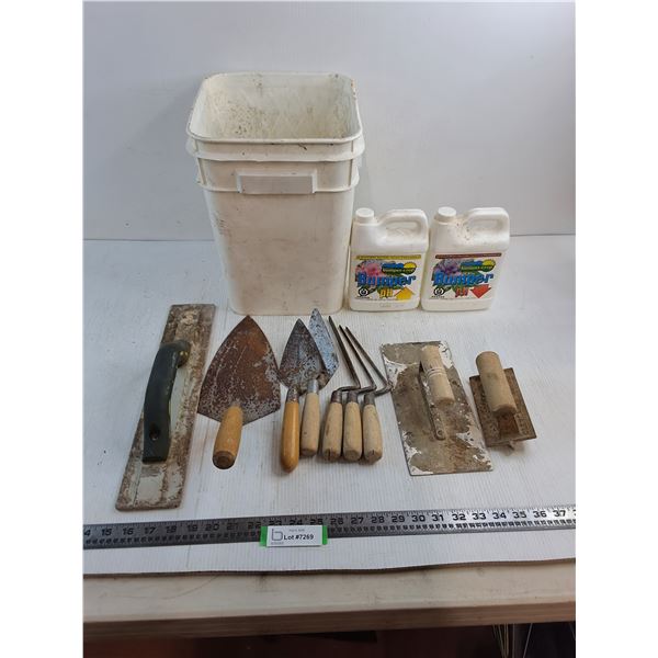 Assorted Masonry Trowels, Plant PH Chemicals - Each Over 1/2 Full, Large Pail - Cannot Ship