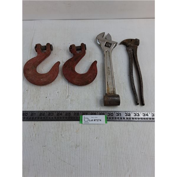 (2) Crosby-Laughlin Hoist Hooks, Specialty Crescent Wrench, Fencing Pliers