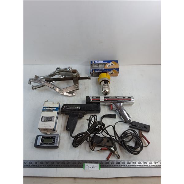 3-Jaw Gear Puller, Timing Lights, Metronome/Tuner, 3/8" Lubricator - All Untested, As is