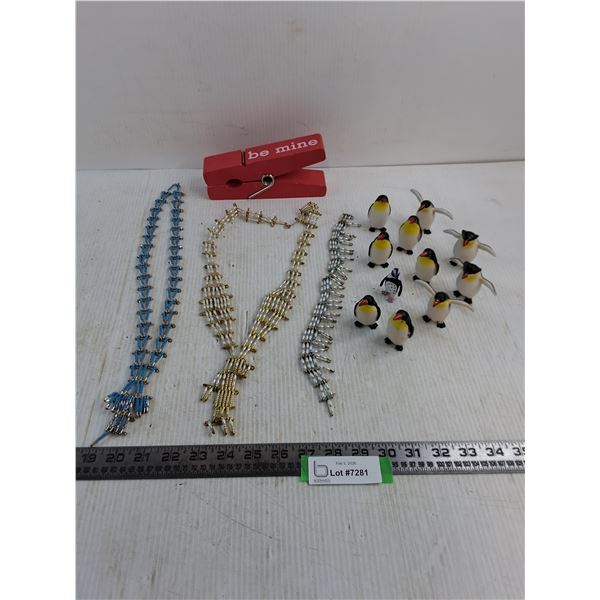 Beadwork Necklaces, "Be Mine" Clothespin Ornament, Toy Penguin Figurines