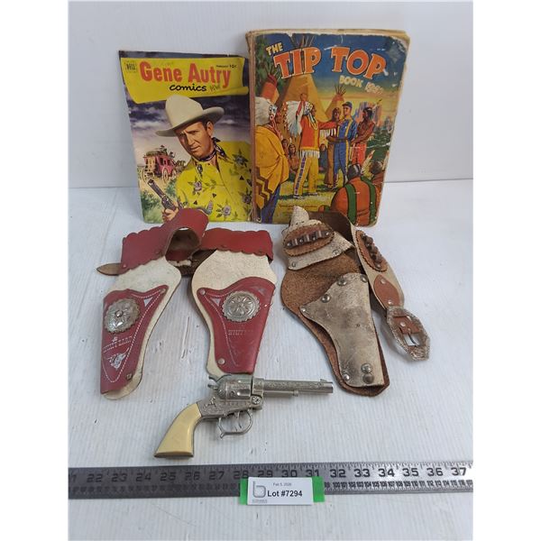 Vintage Toy 6-Shooter Cap Gun & Holsters, Old West Book & Comic - All As is
