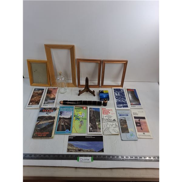 Picture Frames, Travel Maps, Light Sockets, Cigarette Tin, Misc.