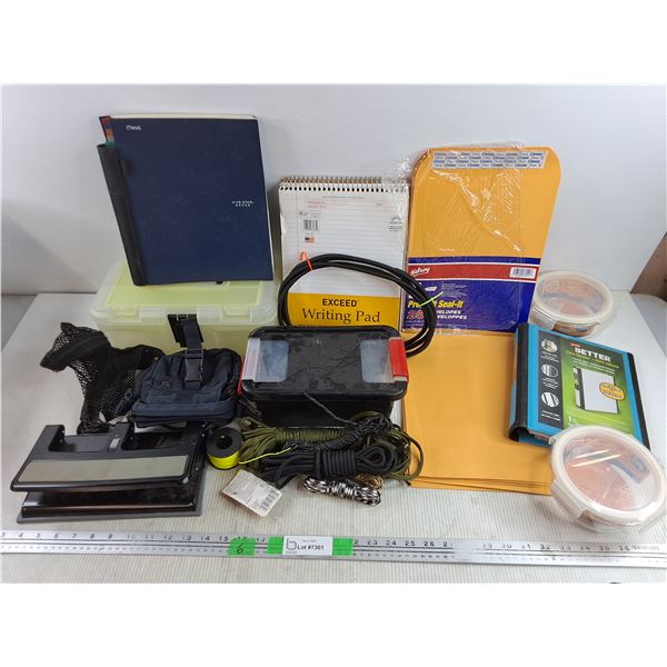 Ropes, Writing Pad, Glass Food Containers, Paper Punch, Mini Binder, Plastic Tool Box, Misc