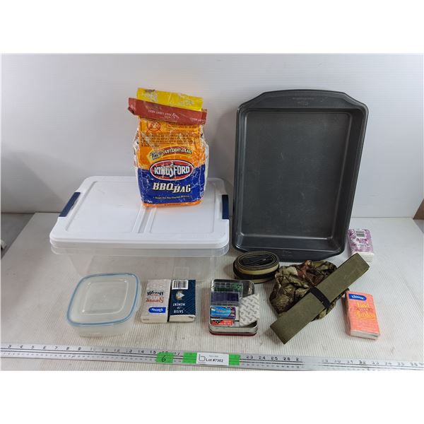 BBQ Charcoal Briquets, Baking Pan 18" x 12" x 2", Tissues, Staples, Straps, Plastic Containers
